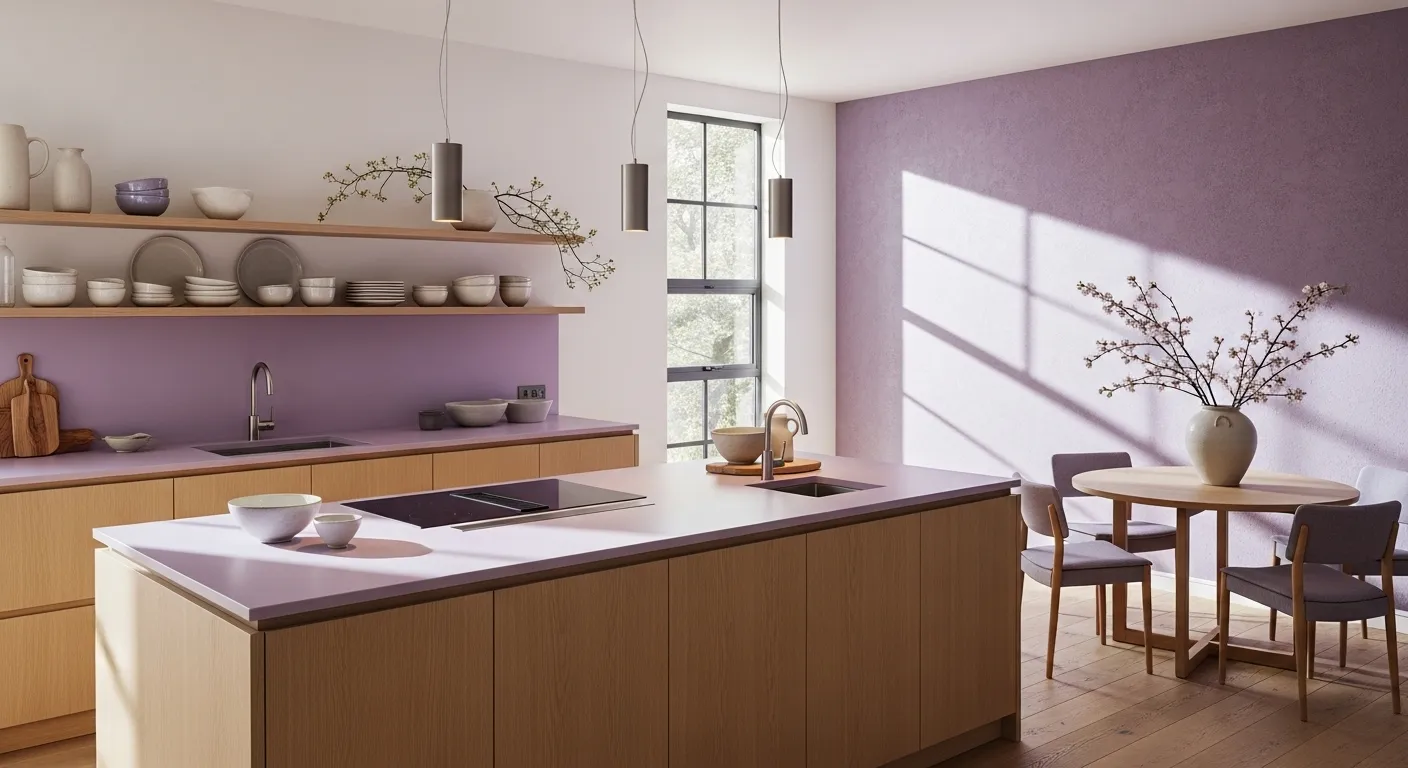 Japandi kitchen with pastel purple walls, light wood cabinets, and island.