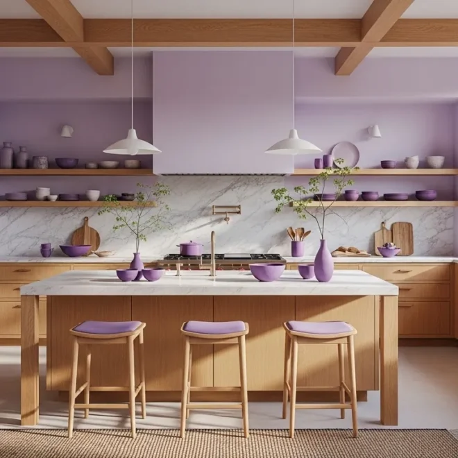 Japandi kitchen with pastel purple walls, light wood cabinets, and marble backsplash