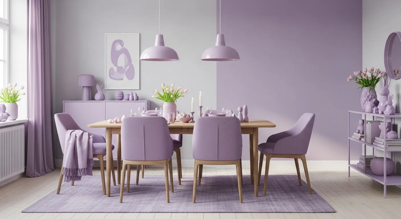 Bright Scandinavian dining room featuring soft pastel purple walls and light oak furniture