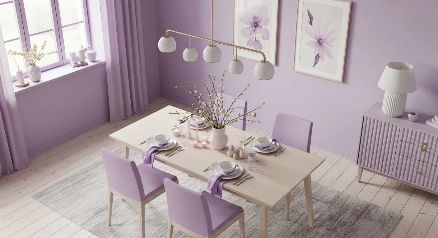 Minimalist Scandinavian dining room featuring pastel purple walls and light wood furniture