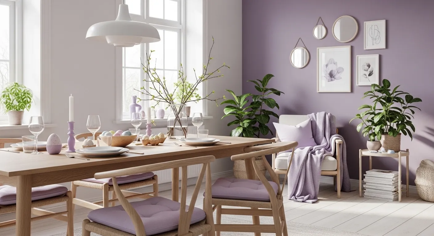 Minimalist Scandinavian dining area featuring soft pastel purple walls and light oak furniture