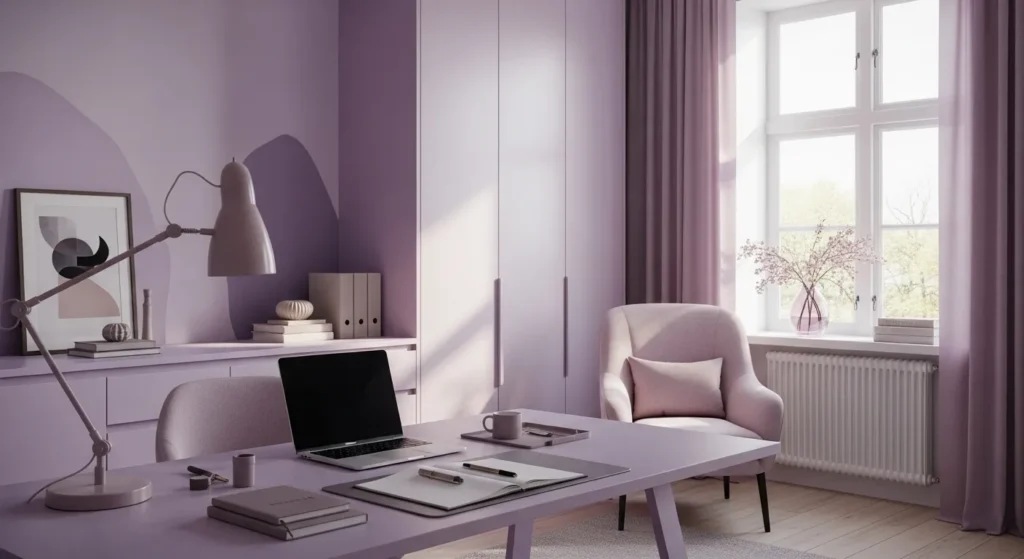 Cozy Scandi home office with pastel purple walls and modern furniture.