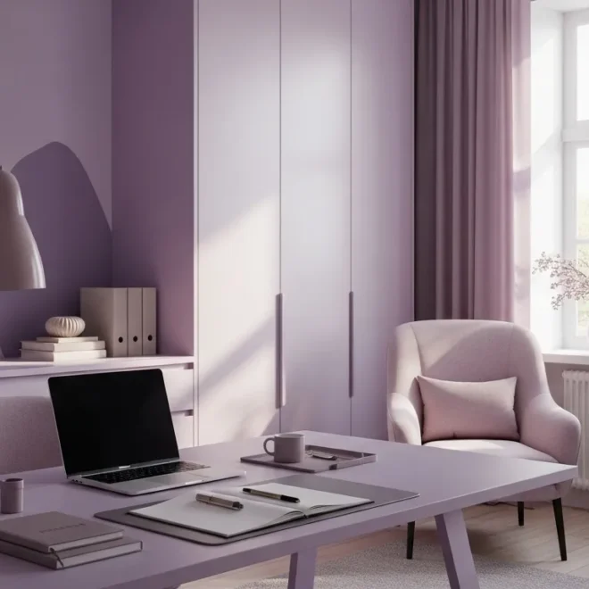 Cozy Scandi home office with pastel purple walls and modern furniture.