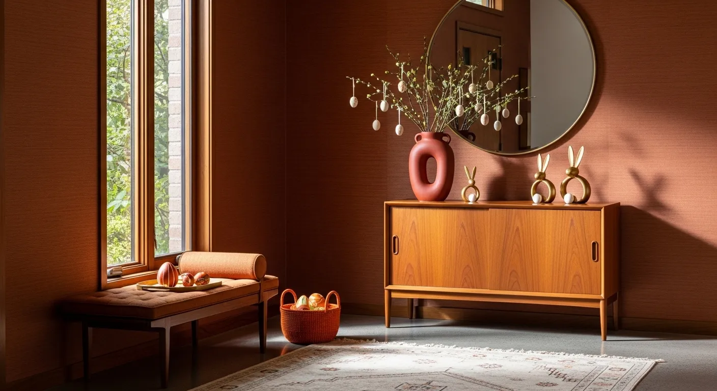 Mid-century modern entryway featuring a warm rust wall and sleek walnut console table
