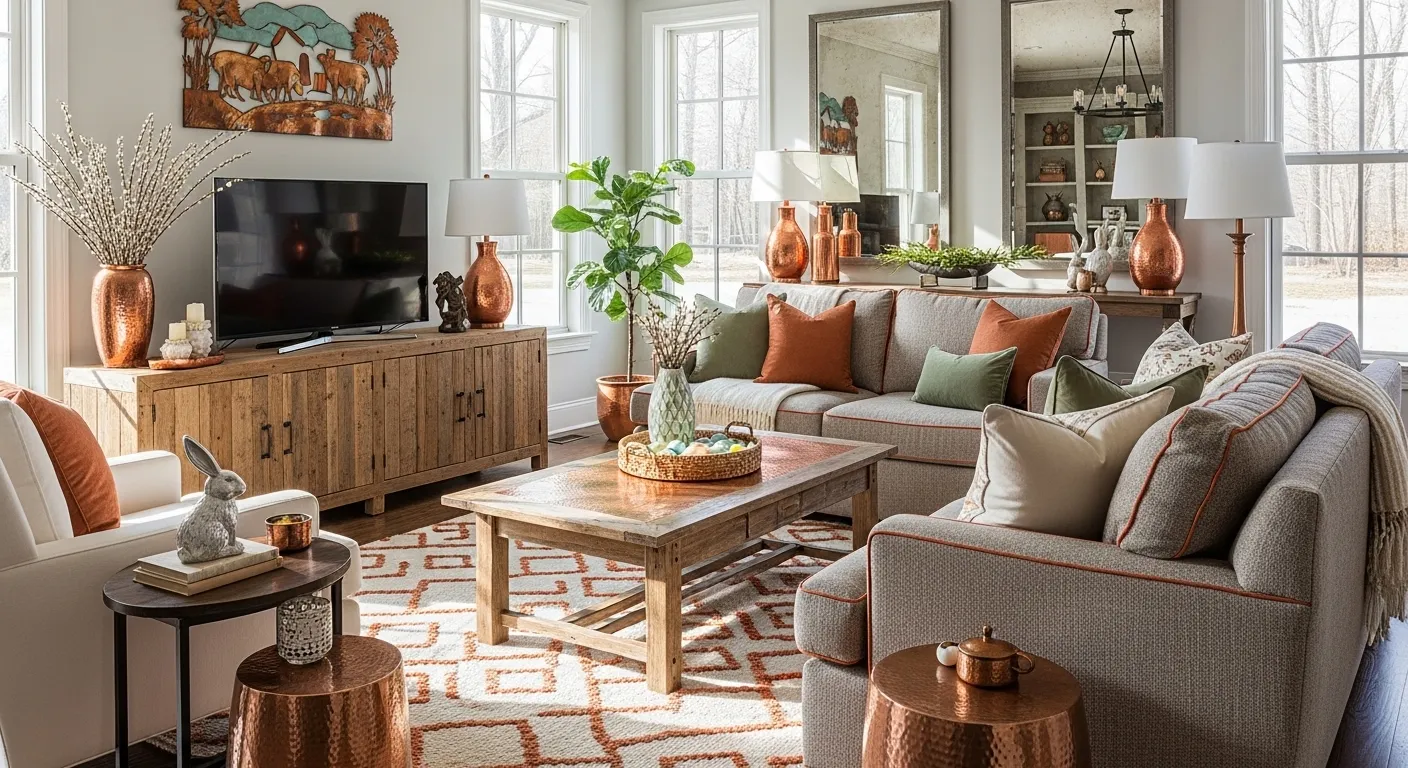 Cozy farmhouse living room featuring a hammered copper coffee table and exposed wood beams