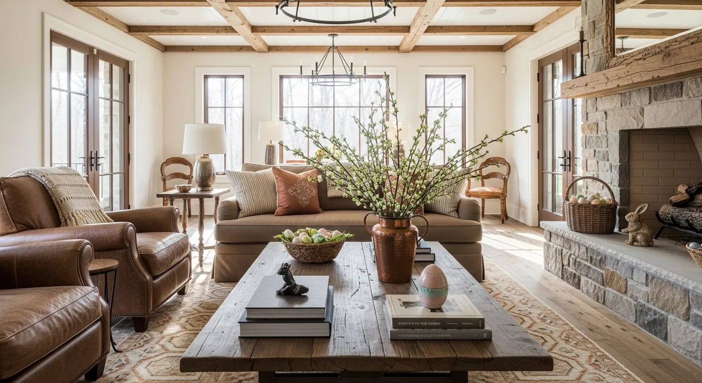 Cozy farmhouse living room featuring rustic wood beams and metallic copper decor accents