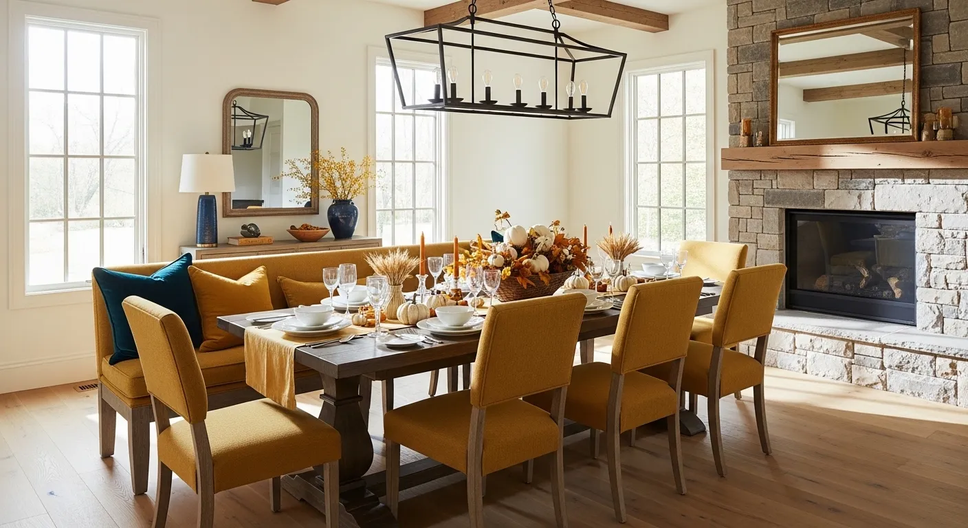Farmhouse dining room featuring rustic wood table and mustard yellow chairs