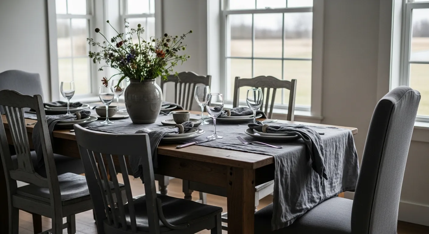 Modern gray farmhouse dining room ideas with textured linens