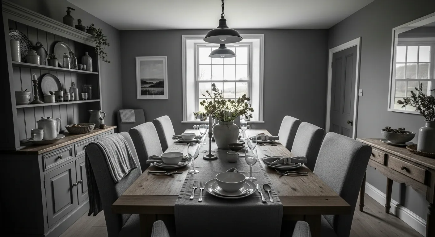 Rustic gray farmhouse dining room ideas with vintage lighting fixtures
