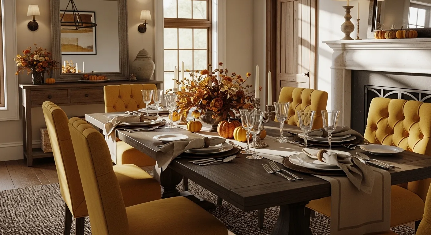 Rustic farmhouse dining room featuring mustard upholstered chairs and a reclaimed wood table