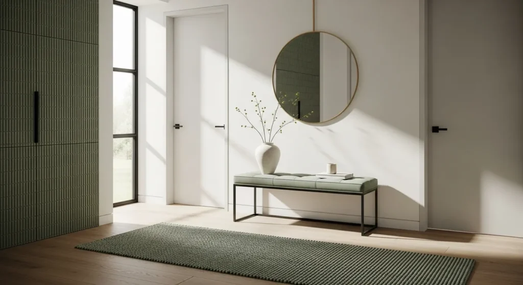 Stylish sage green minimalist entryway with bench and mirror, perfect for everyday decor.