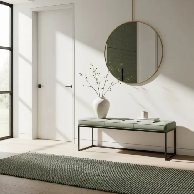 Stylish sage green minimalist entryway with bench and mirror, perfect for everyday decor.