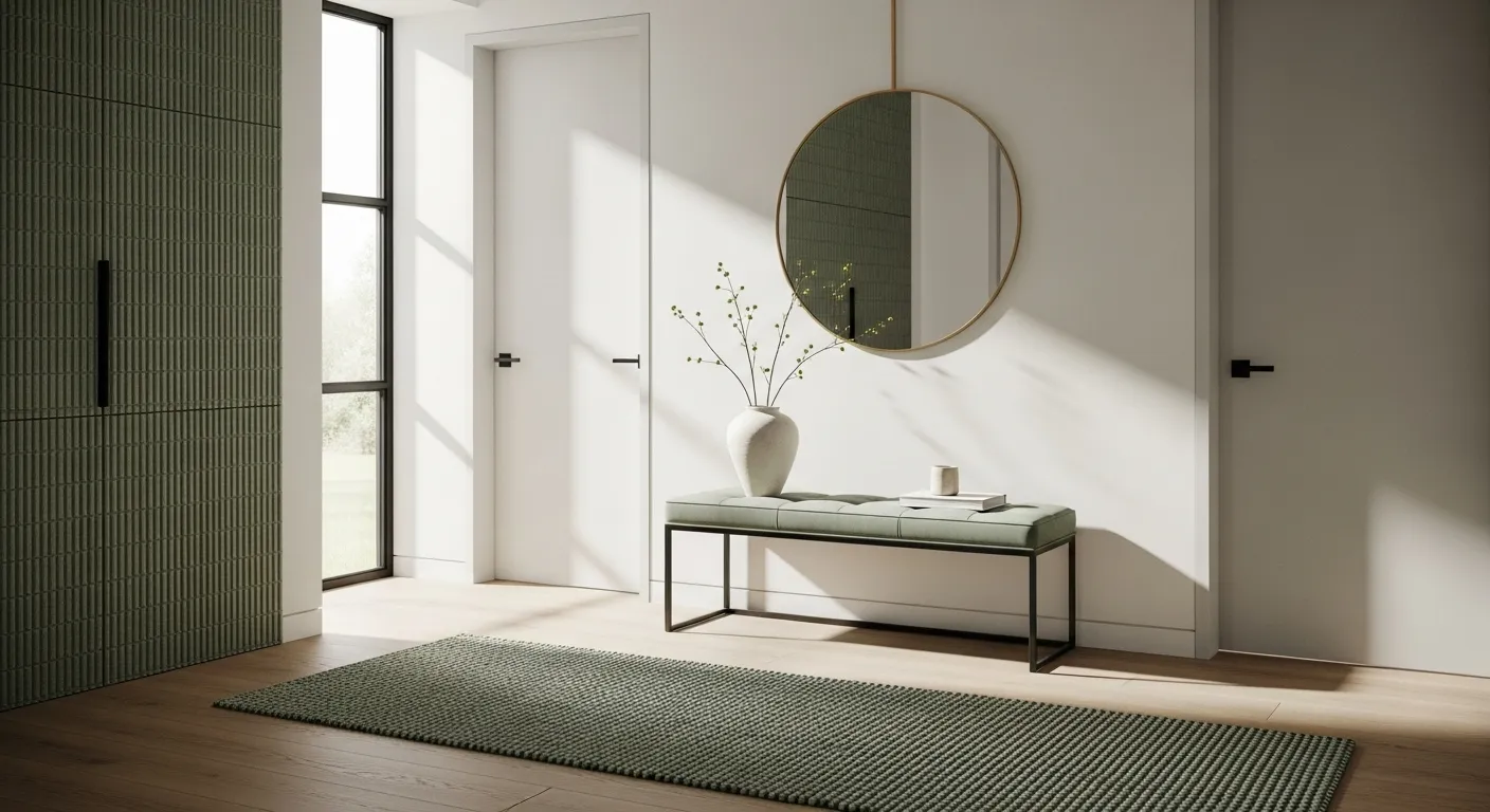 Stylish sage green minimalist entryway with bench and mirror, perfect for everyday decor.