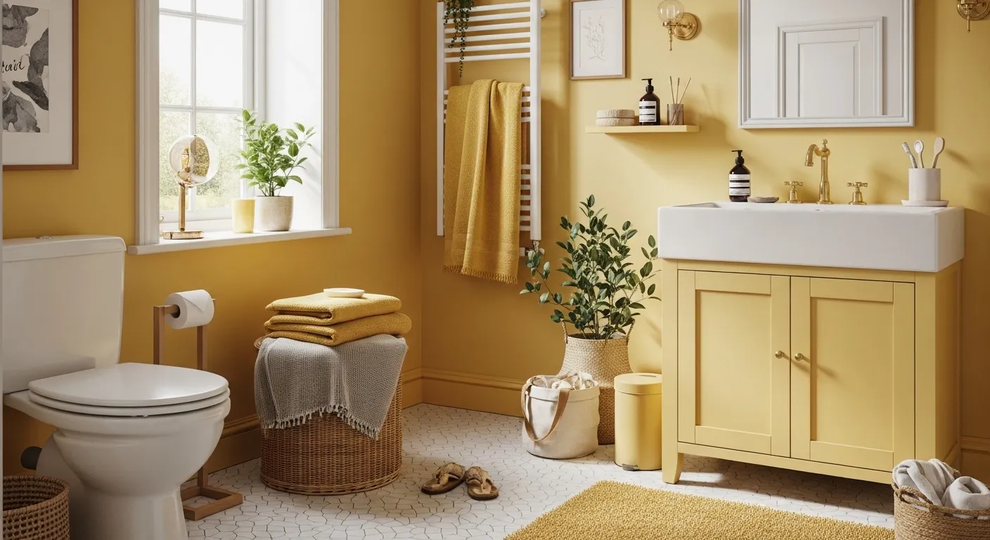 Bright Scandi bathroom featuring vertical butter yellow tiles and light oak vanity