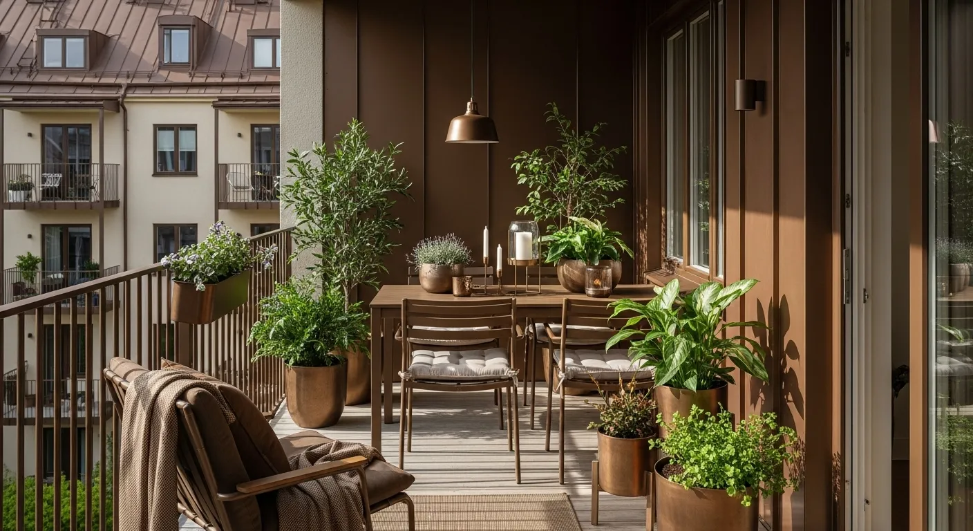 Scandi bronze balcony with wood dining set, plants, and warm pendant light