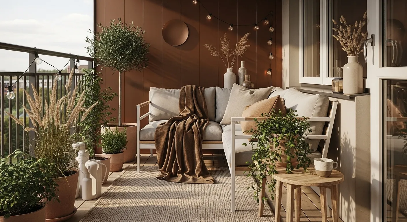 Scandi balcony with white sofa, bronze wall, cozy textiles, potted plants