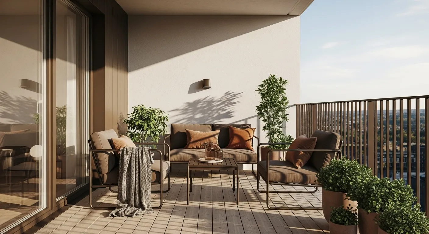 Scandi balcony with bronze accents, cushioned seating, and potted greenery at sunset