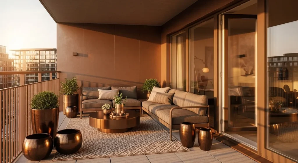 Scandi balcony seating with bronze planters, round coffee table, and warm sunset light