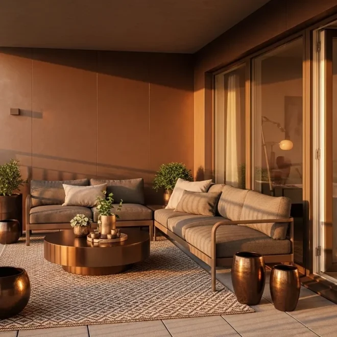 Scandi balcony seating with bronze planters, round coffee table, and warm sunset light