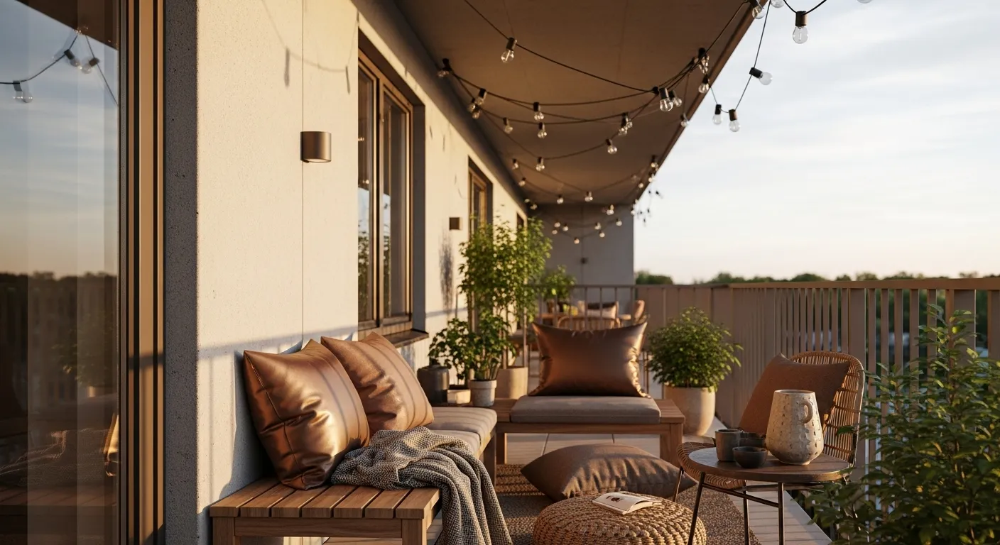 Scandi balcony with bronze cushions, string lights, wood bench, sunset glow