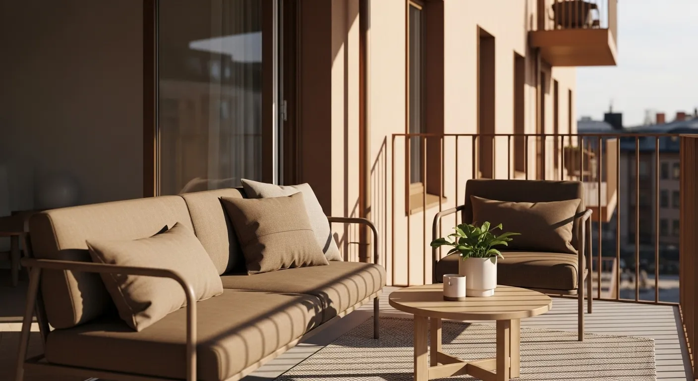 Scandi balcony with bronze metal sofa, neutral cushions, round table, plant