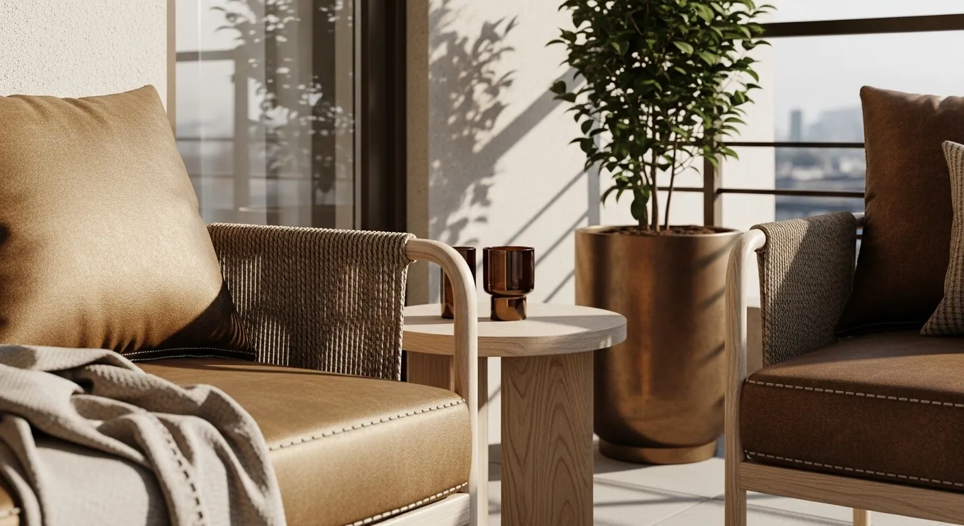 Scandi balcony seating with bronze planter, neutral cushions, and round side table