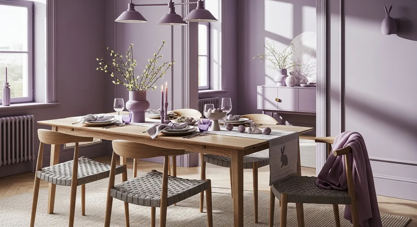 Bright Scandinavian dining area with pastel purple walls and light wood table
