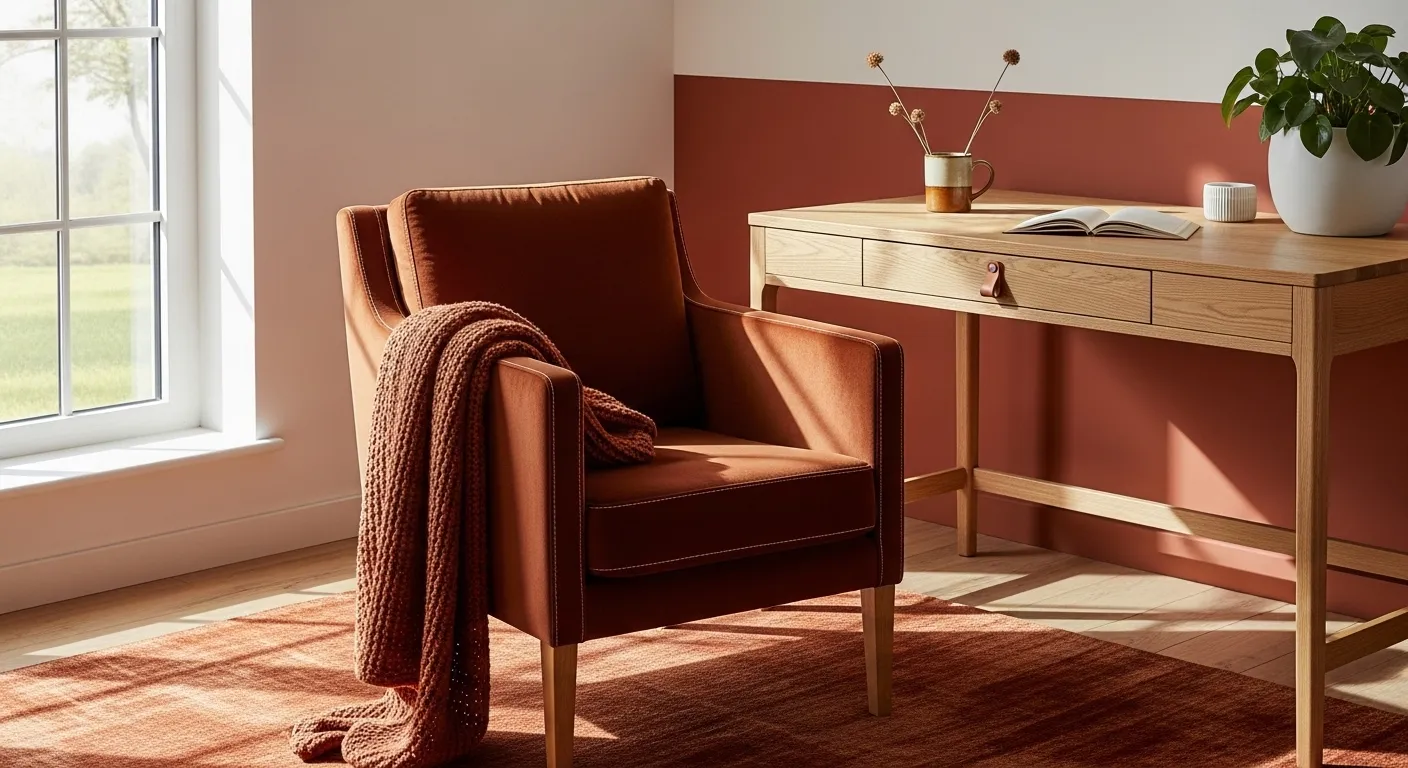 Minimalist Scandinavian home office featuring a warm rust accent wall and light wood desk