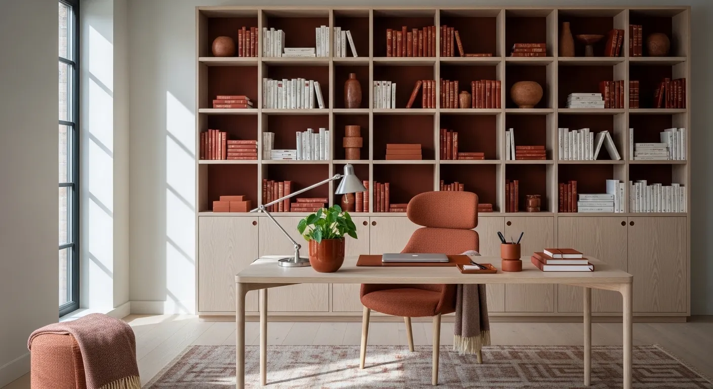 Minimalist Scandi home office featuring a light wood desk and warm rust decor accents