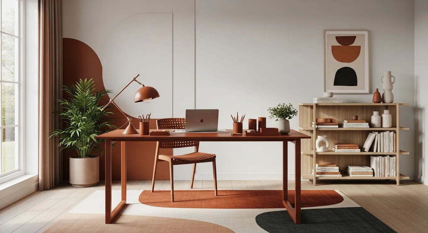 Modern Scandinavian home office featuring a rust velvet chair and minimalist wood desk