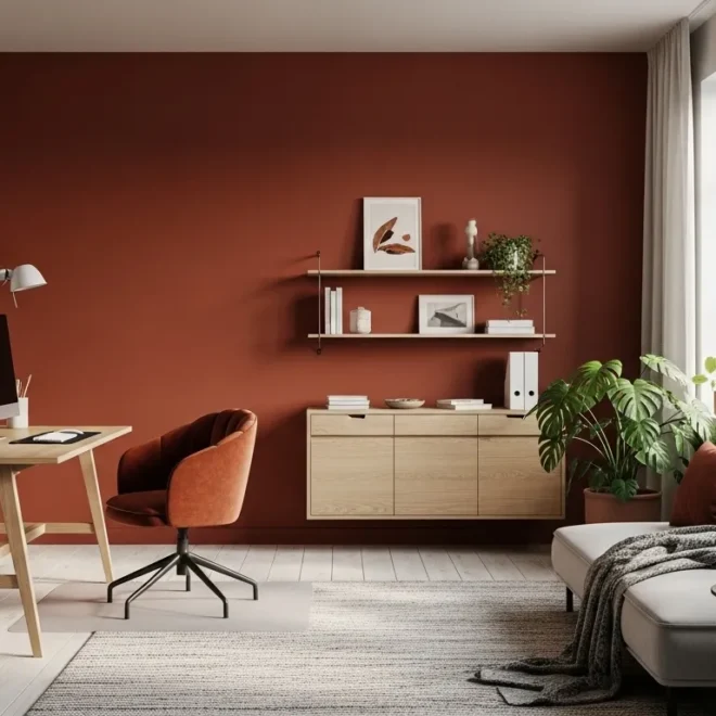 Bright Scandinavian home office with light wood desk and warm rust colored accents