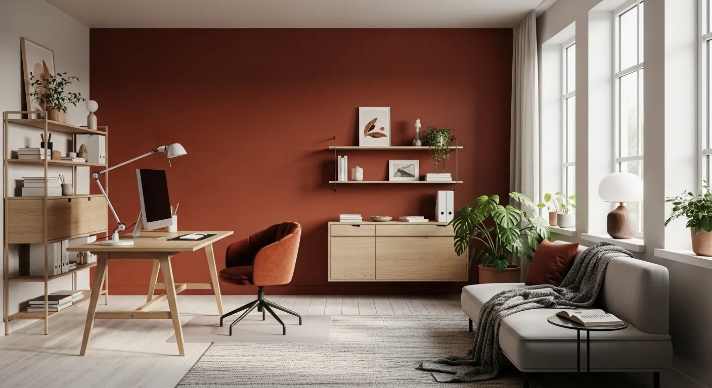 Bright Scandinavian home office with light wood desk and warm rust colored accents