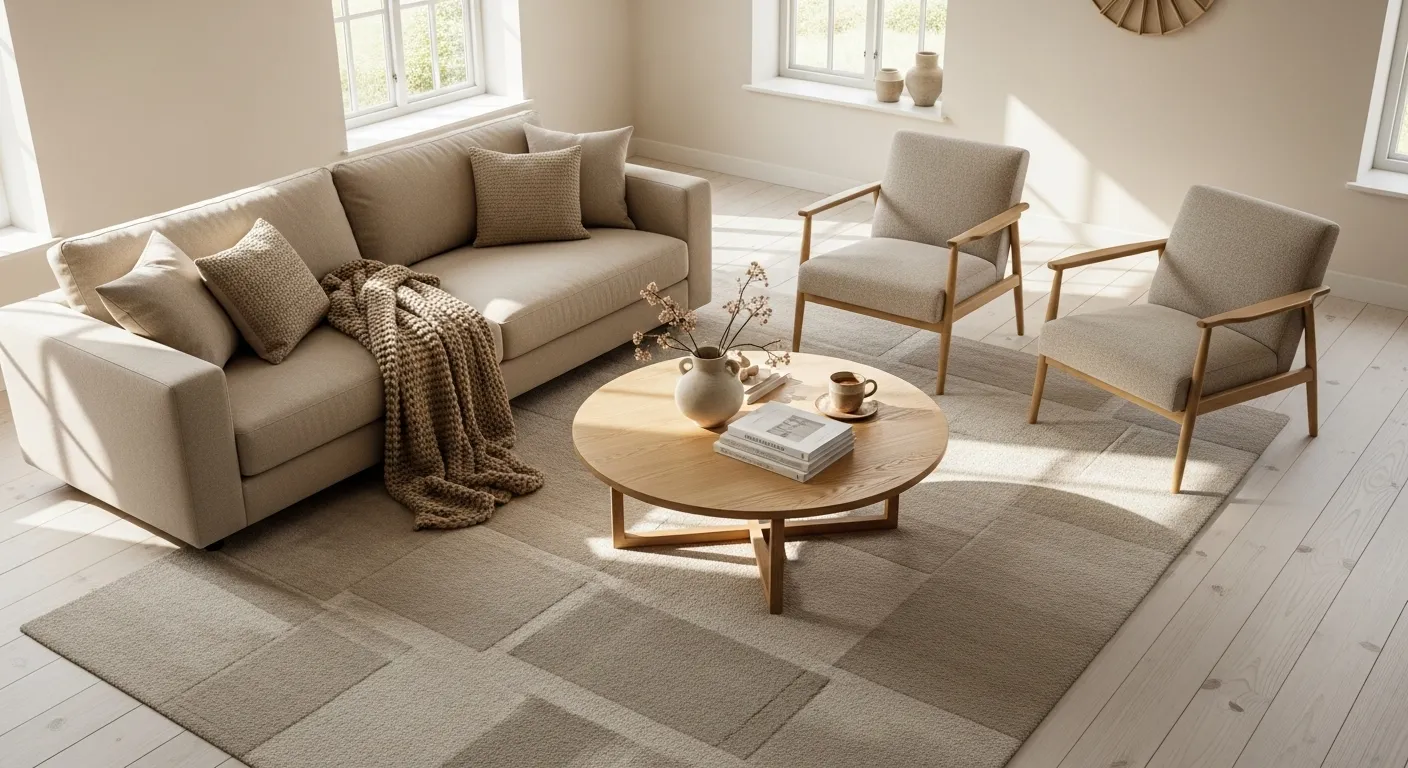 Stylish Scandi living room featuring beige sofa, armchairs, and wooden coffee table, perfect for everyday comfort.