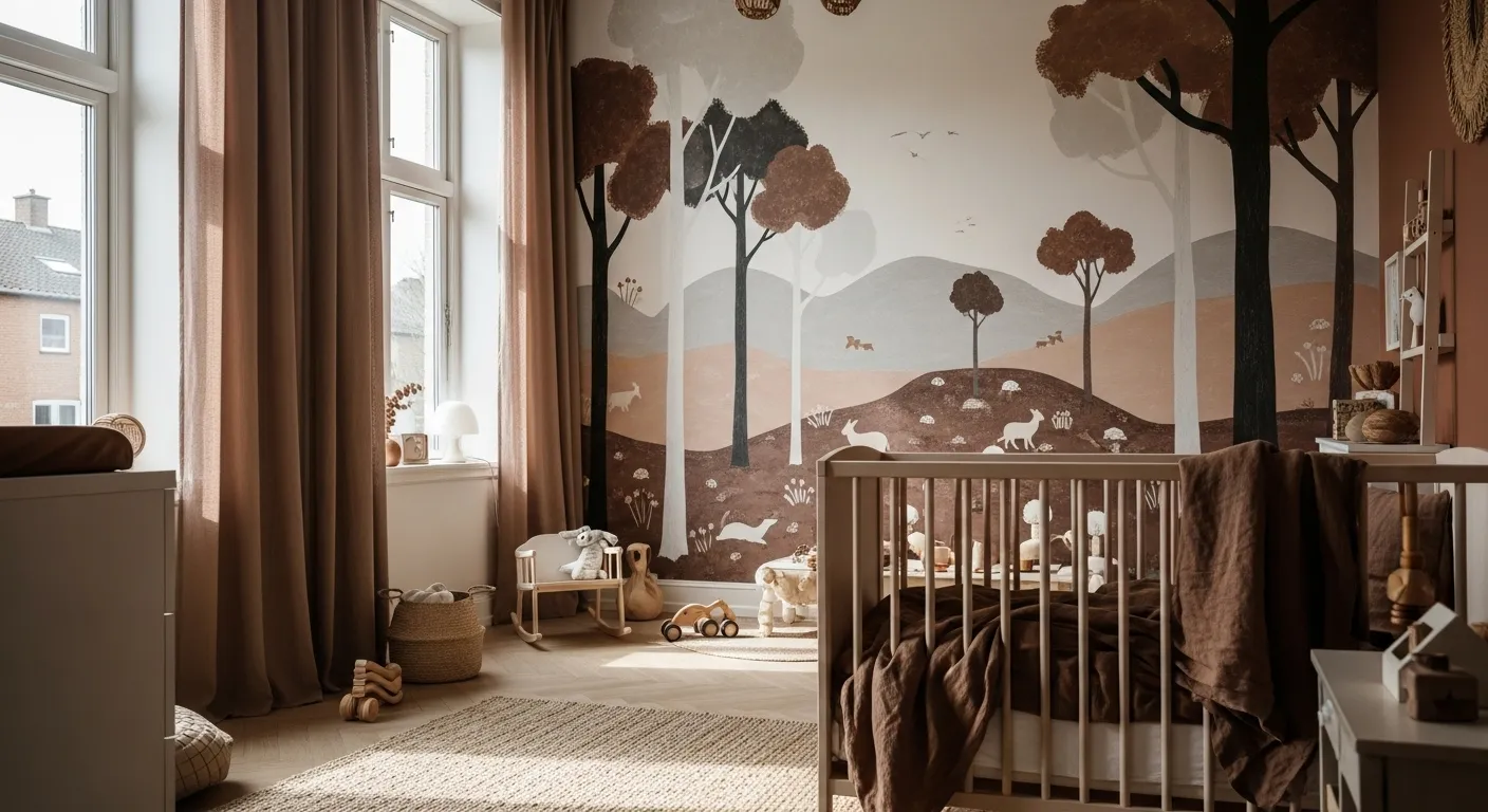 Scandi mocha nursery with forest mural, wooden crib, and long curtains