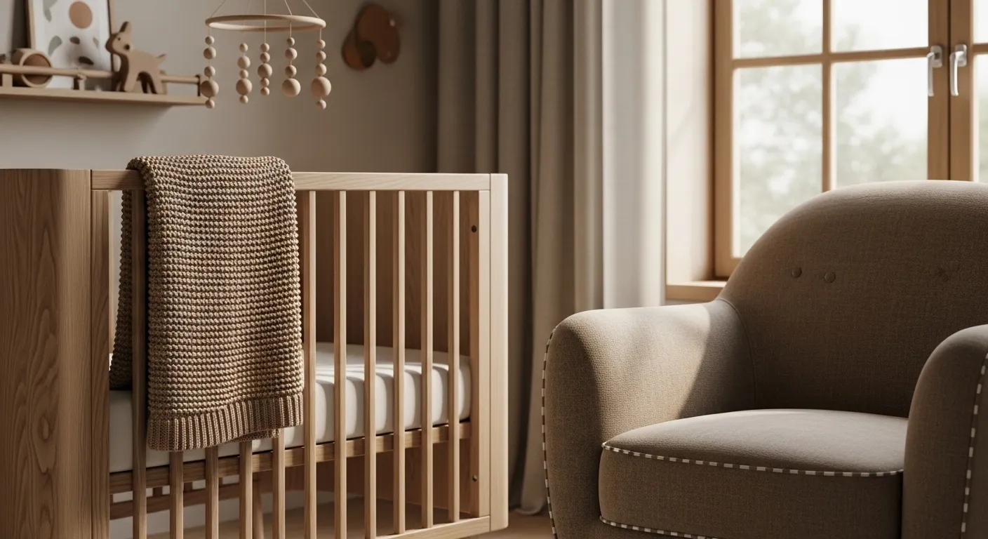 Scandi mocha nursery with wooden crib, knit blanket, and upholstered armchair