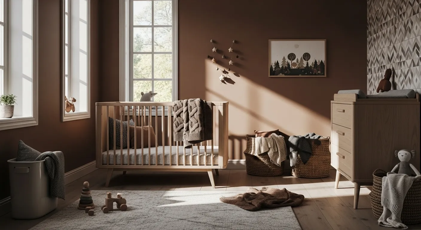 Scandi mocha nursery with light wood crib, woven baskets, and sunlight