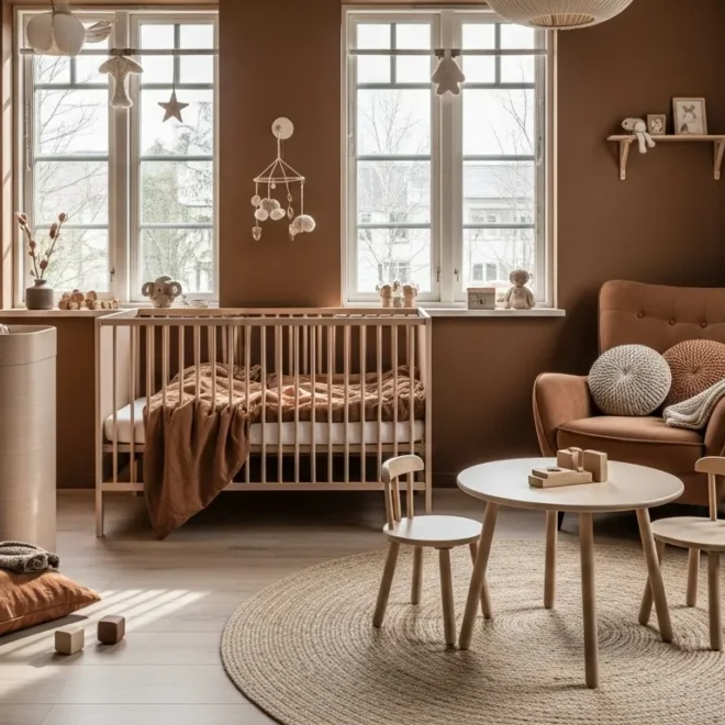Scandi mocha nursery with wooden crib, cozy chair, round table, natural light