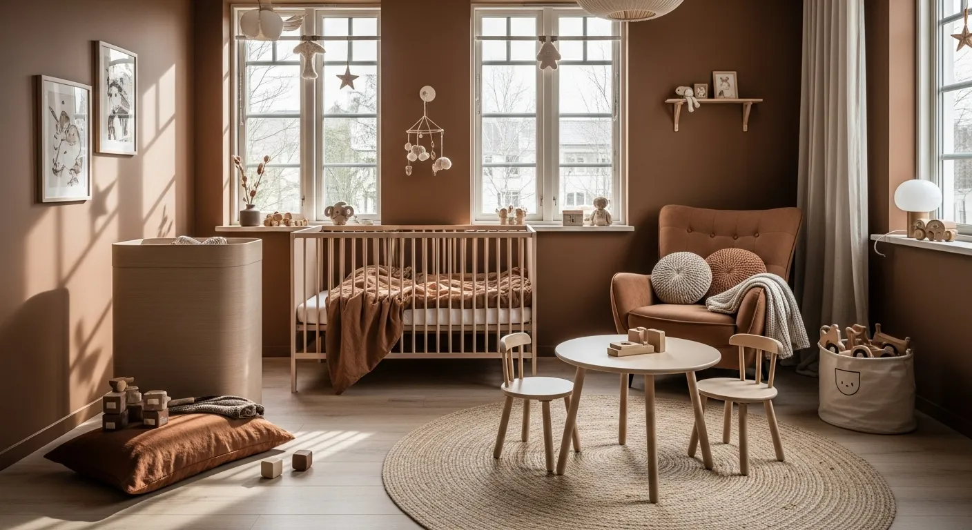 Scandi mocha nursery with wooden crib, cozy chair, round table, natural light