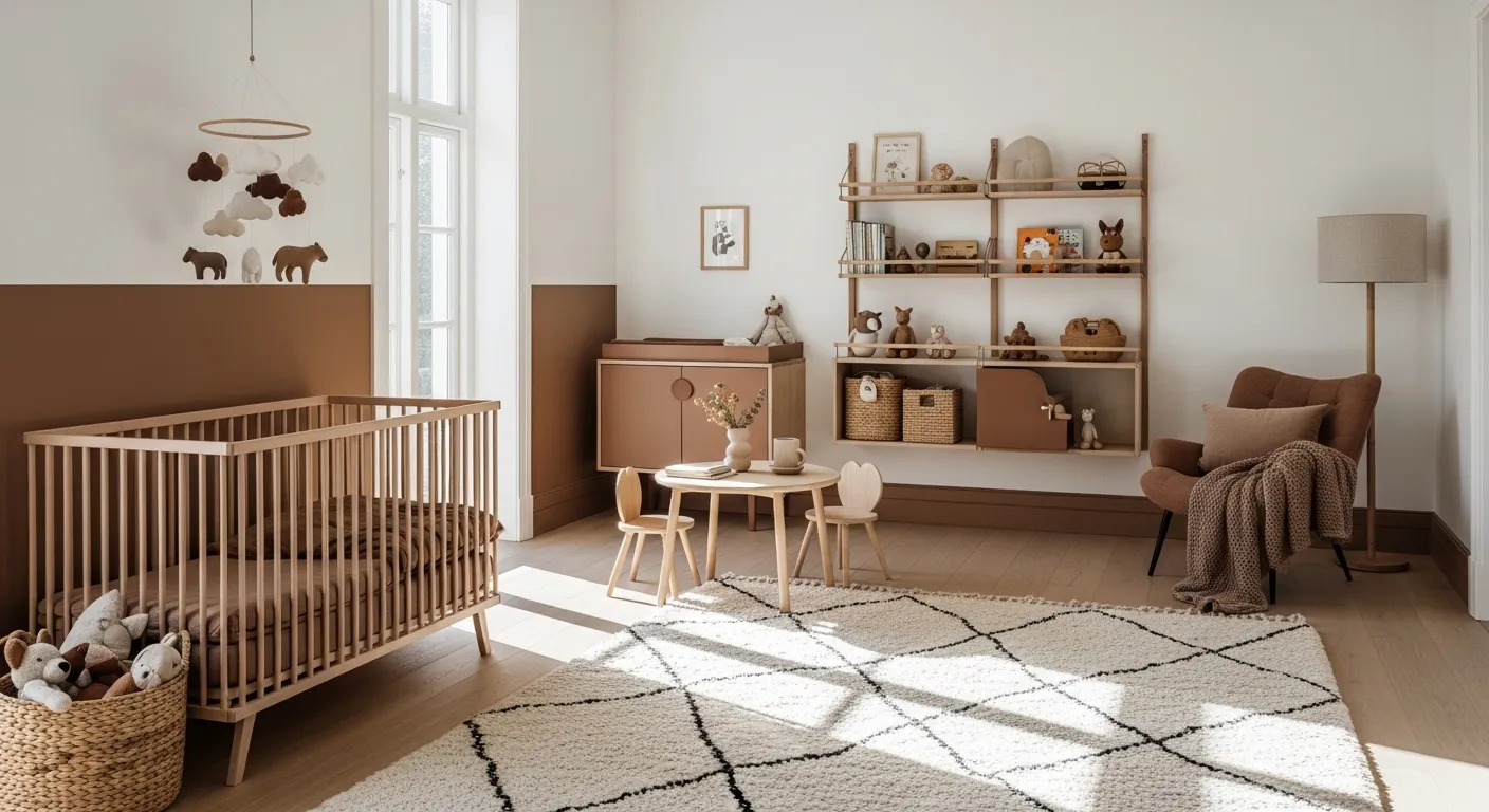 Scandi mocha nursery with wooden crib, play table, shelves, and rug