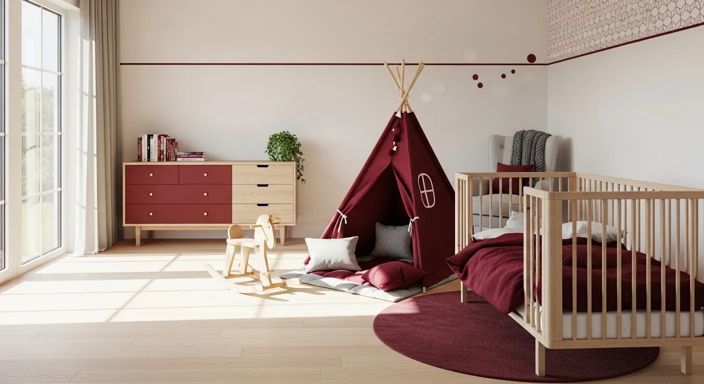 Scandi nursery featuring a deep burgundy canopy over a natural wood crib