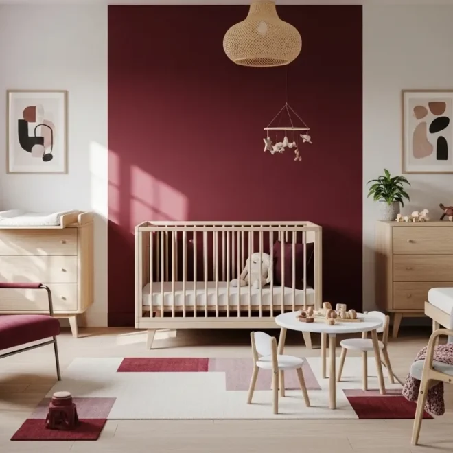 Scandinavian nursery with burgundy accents and light wood furniture