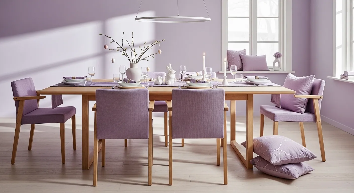 Minimalist Scandinavian dining room featuring soft pastel purple walls and light wood furniture