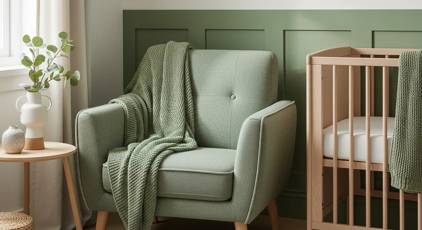Sage green nursery with Scandi armchair, knit throw, and wooden crib