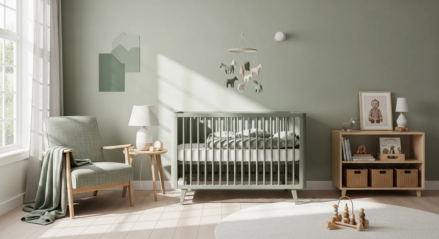Scandi sage green nursery with crib, rocking chair, and wooden storage unit