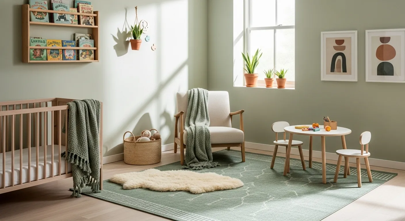 Scandi sage green nursery with crib, reading chair, kids table, rug