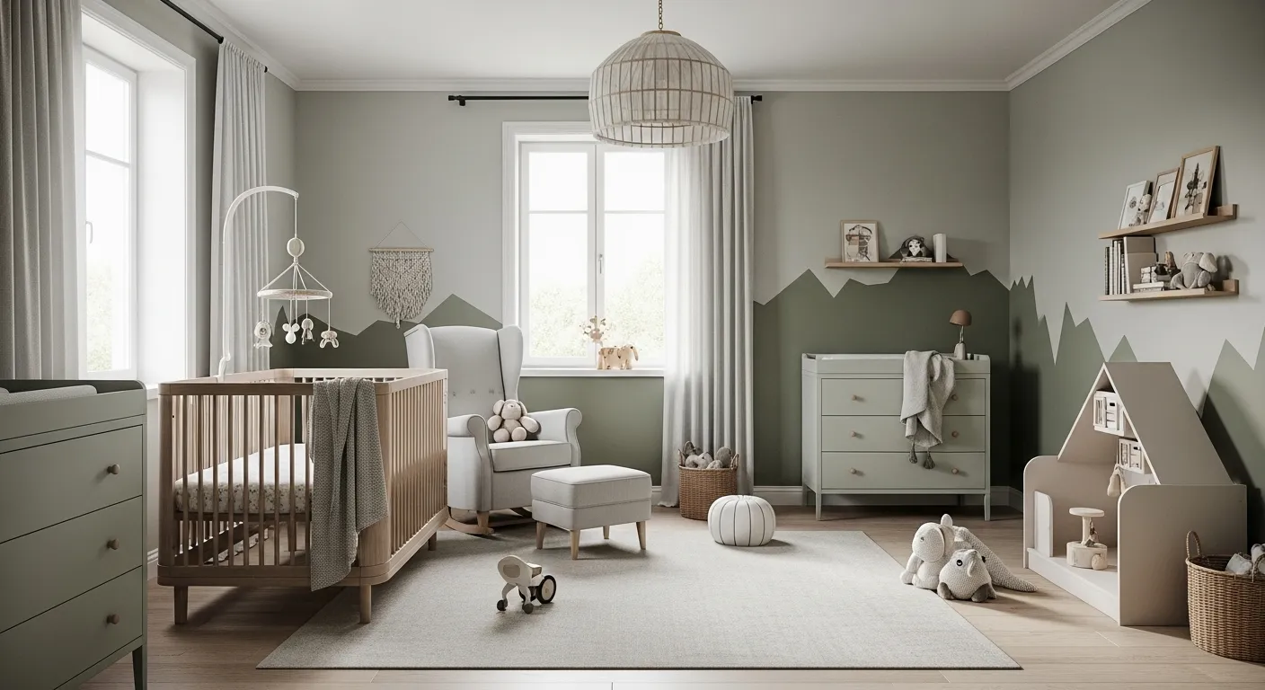 Scandi nursery with sage green mountain wall, crib, rocker, and soft toys