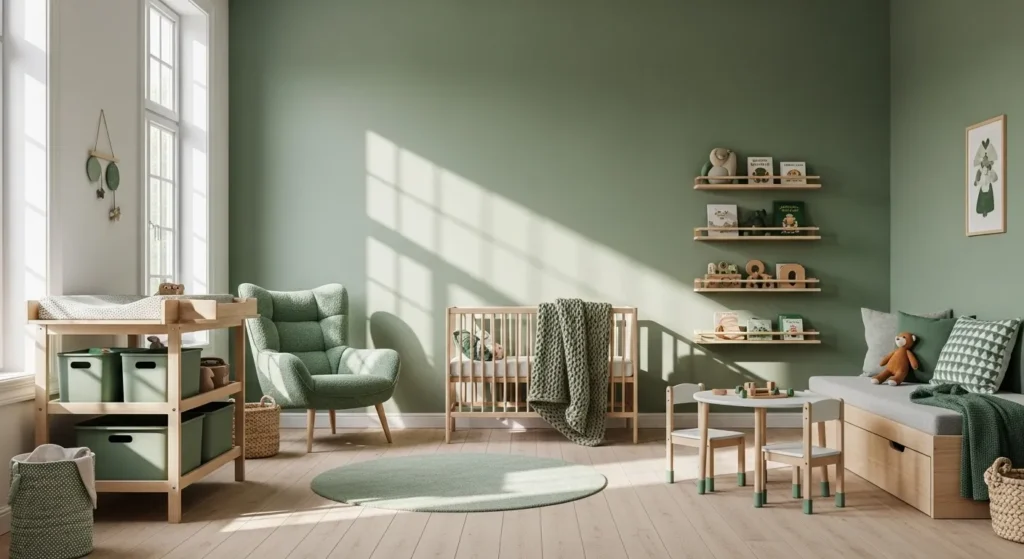 Scandi nursery with sage green walls, wood crib, chair, and toy shelves