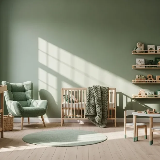 Scandi nursery with sage green walls, wood crib, chair, and toy shelves
