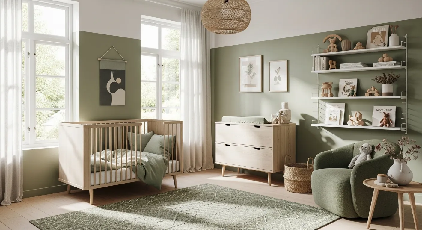 Scandi nursery with sage green walls, wood crib, dresser and cozy chair