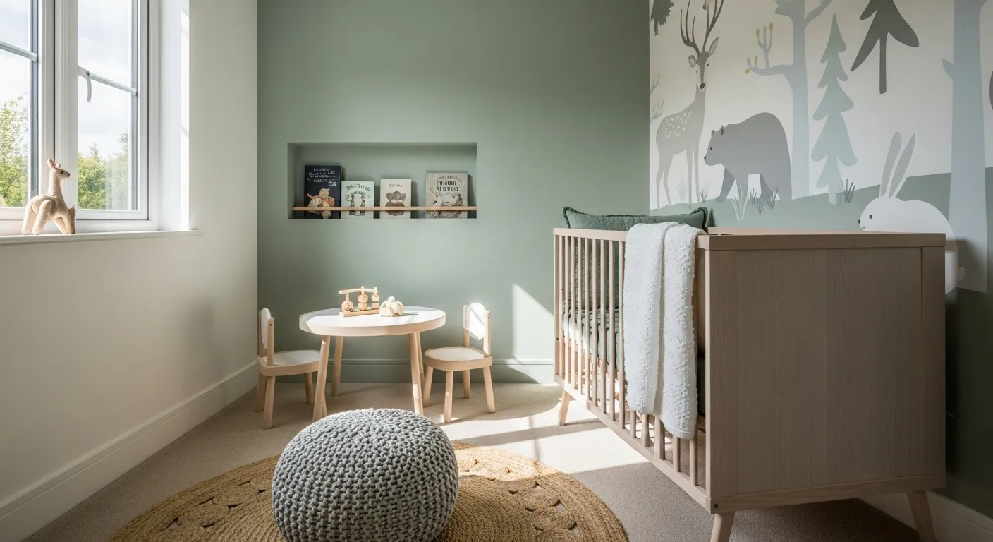 Scandi sage green nursery with wood crib, round table, and wall mural
